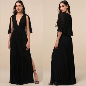 Lulus Majestic Aura Pleated Cape Maxi Dress Black Medium